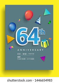 64th Years Anniversary invitation Design, with gift box and balloons, ribbon, Colorful Vector template elements for birthday celebration party.