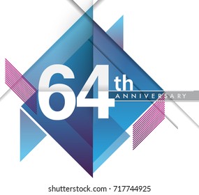 64th years anniversary logo with geometric, vector design birthday celebration isolated on white background.