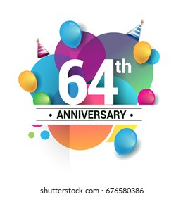 64th years anniversary logo, vector design birthday celebration with colorful geometric, Circles and balloons isolated on white background.