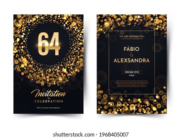 64th years birthday vector black paper luxury invitation double card. Sixty four years wedding anniversary celebration brochure. Template of invitational for print dark background with bokeh lights
