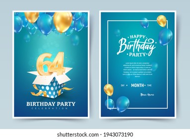 64th years birthday vector invitation double card. Sixty four
years wedding anniversary celebration brochure. Template of invitational for print on blue background