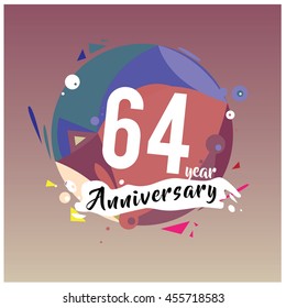 64th years greeting card anniversary with colorful number and frame. logo and icon with circle badge and background