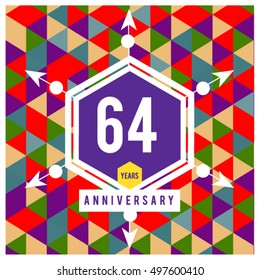 64th years greeting card anniversary with colorful number and frame. logo and icon with Memphis style cover and design template