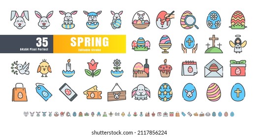 64x64 Pixel Perfect. Easter Day Set. Filled Color Line Outline Icons. For App, Web, Print. Ready to use and Easy to Customize. Editable Stroke.