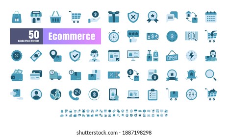 64x64 Pixel Perfect of Ecommerce Online Shopping Delivery. Monochrome Flat Blue Icons Vector. for Website, Application, Printing, Document, Poster Design, etc.