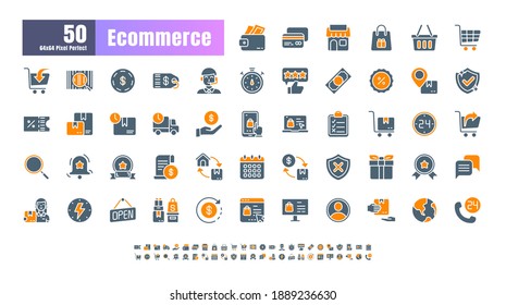 64x64 Pixel Perfect of Ecommerce Online Shopping Delivery. Bicolor Filled Solid Glyph Icons Vector. for Website, Application, Printing, Document, Poster Design, etc.