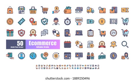 64x64 Pixel Perfect of Ecommerce Online Shopping Delivery. Vector de iconos de tracción editable de contorno de línea delgada de color plano relleno. para sitio web, aplicación, impresión, documento, diseño de afiches, etc.
