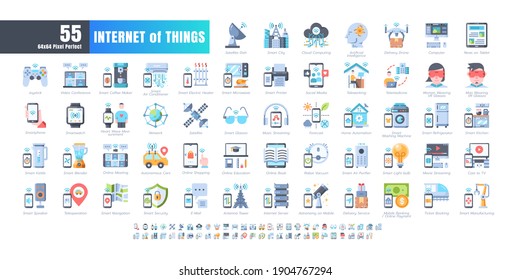 64x64 Pixel Perfect. Internet of Things (IOT). Flat Color Icons Vector. for Website, Application, Printing, Document, Poster Design, etc.
