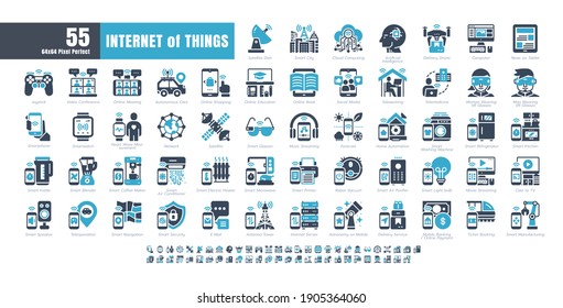 64x64 Pixel perfekt. Internet der Dinge (IOT). Bicolor Solid Glyph Icons Vector. für Website, Anwendung, Druck, Dokument, Poster Design, etc.