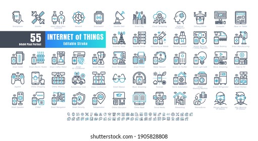 64x64 Pixel Perfect. Internet of Things (IOT). Bicolor Line Outline Icons Vector. for Website, Application, Printing, Document, Poster Design, etc. Editable Stroke