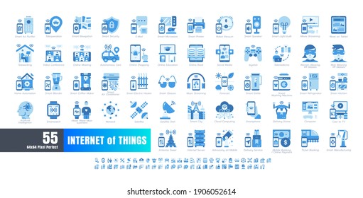 64x64 Pixel Perfect. Internet of Things (IOT). Flat Monochrome Blue Icons Vector. for Website, Application, Printing, Document, Poster Design, etc.