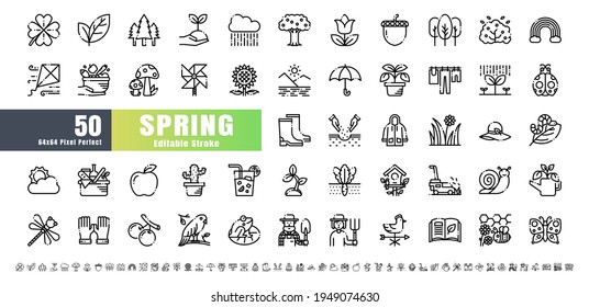 64x64 Pixel Perfect. Spring Season. Line Outline Icons Vector. for Website, Application, Printing, Document, Poster Design, etc. Editable Stroke