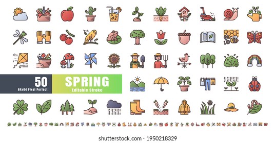 64x64 Pixel Perfect. Spring Season. Flat Gradient Color Filled Outline Icons Vector. for Website, Application, Printing, Document, Poster Design, etc. Editable Stroke