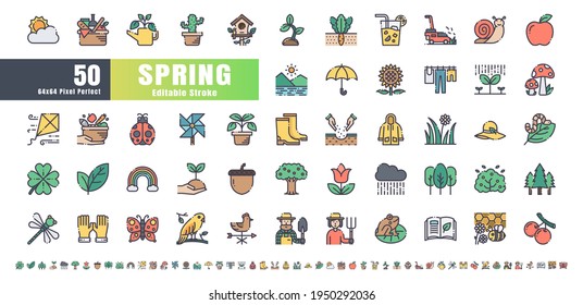 64x64 Pixel Perfect. Spring Season. Flat Color Filled Outline Icons Vector. for Website, Application, Printing, Document, Poster Design, etc. Editable Stroke