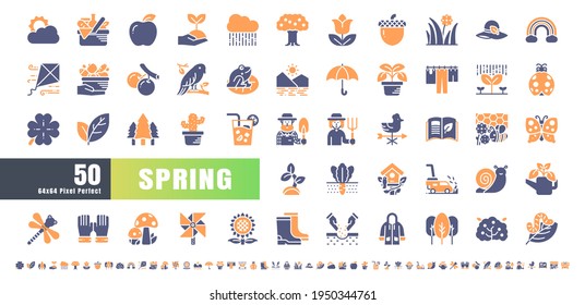 64x64 Pixel Perfect. Spring Season. Bicolor Solid Glyph Icons Vector. for Website, Application, Printing, Document, Poster Design, etc.