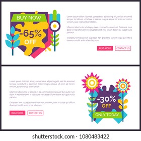 65% and 30% off premium labels promo posters set with blooming flowers, sale emblems decorated by springtime and summertime blossoms vector online