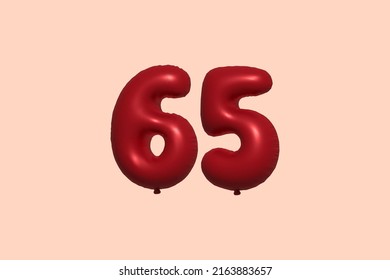 65 3d number balloon made of realistic metallic air balloon 3d rendering. 3D Red helium balloons for sale decoration Party Birthday, Celebrate anniversary, Wedding Holiday. Vector illustration