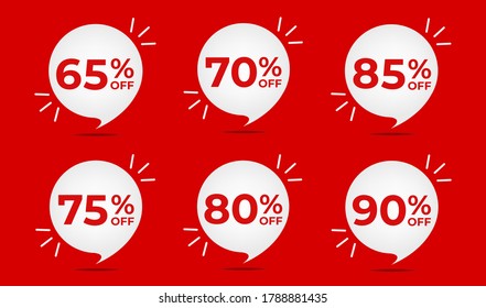 65, 70, 75, 80, 85 and 90% off. Set of tag discounts. Banner with six red bubble balloons with special offers vector.
