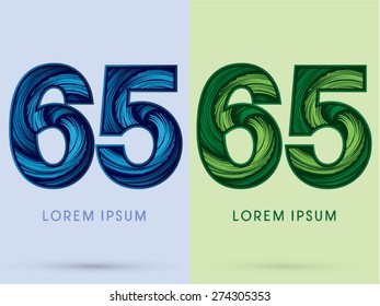 65 ,Abstract Number , font, concept Spin water, wind and natural, designed using blue and green grunge brush,sign 