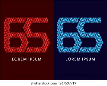 65 ,Abstract Number, font, designed using red and blue geometric shape on dark background, graphic, vector.