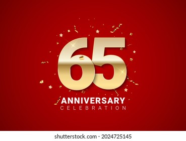 65 anniversary background with golden numbers, confetti, stars on bright red holiday background. Vector Illustration EPS10