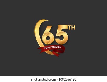 65 anniversary design logotype golden color with ring and red ribbon for celebration