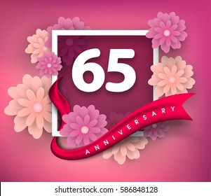 65 anniversary invitation card. Vector invitation card or 
Anniversary emblems template design. Design with abstract 
background and elegant frame with ribbon decorated and 3d flowers.