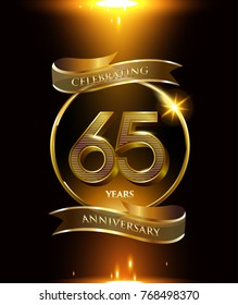 65 anniversary logo with golden ring and ribbon colored isolated on black background, vector design for party greeting card and invitation card. celebration logotype template