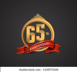 65 anniversary logotype style design luxury  golden color and ornament with warp red ribbon for company celebration event