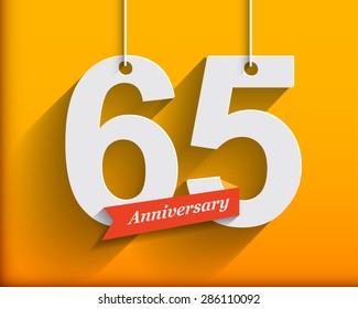 65 Anniversary numbers with ribbon. Flat origami style with long shadow. Vector illustration