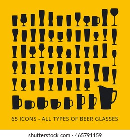 65 beer glass icons set. All types of beer glasses. 