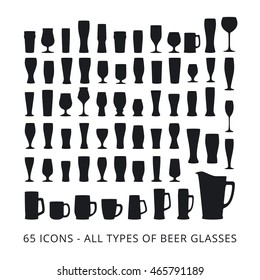 65 beer glass icons set. All types of beer glasses. 