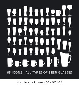 65 beer glass icons set. All types of beer glasses. 