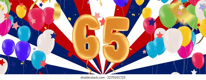65 birthday Happy birthday, congratulations poster. Balloons numbers with sparkling confetti ribbon, glitter bright