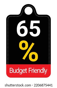 65% Budget Friendly sign tag, label vector art Black Background white and yellow lettering