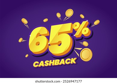 65% cashback promotional banner featuring bold yellow text with shining effects, surrounded by floating gold coins on a vibrant purple background. Perfect for sales campaigns.