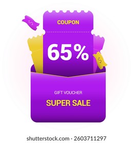 65% coupon promotion sale. Sixty five percent off super sale design. Envelope with paper vouchers and gift voucher. Vector illustration. Purple and yellow style.
