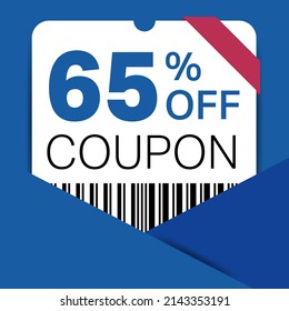 65% Coupon promotion sale for a website, internet ads, social media gift 65% off discount voucher. Big sale and super sale coupon discount. Price Tag Mega Coupon discount with vector illustration.
