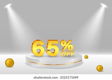 65% discount. Discount. 3D sale symbol with decorative objects, golden balls, podium. 65 percent. Sale banner and poster. Vector illustration..