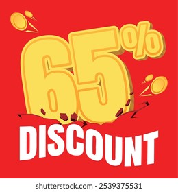 65% discount badge in gold coin style, set against a bold red background with crack and shake effects, creating an eye-catching, energetic look for promotions.