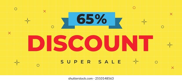 65% discount banner. Sixty five percent off sale banner template design. Promotion poster template with super sale. Vector Illustration.
