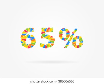 65 % discount colorful vector illustration on grey background. 65 (sixty five) percent off discount creative promotion concept. Special offer isolated element for  banner, coupon, retail marketing.