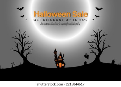 65% discount Halloween sale banner. Banner for Halloween holiday event website. Flash sale on Halloween. Halloween vector illustration