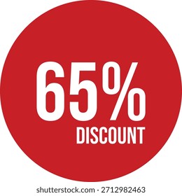 65% de descuento icono Vector rojo círculo con texto blanco