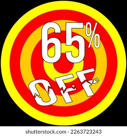 65% de descuento, objetivo en rojo y amarillo sobre fondo negro.