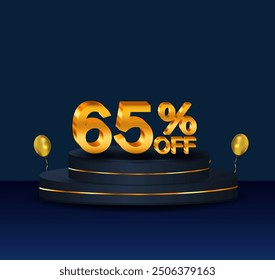 65% discount. Discount on creative composition. 3D sale symbol with decorative objects, golden confetti, podium. 65 percent. Sale banner and poster. Vector illustration.