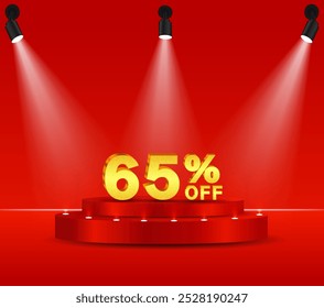 65% discount on gold. 3D golden numbers. Podium with red background and reflective lights..