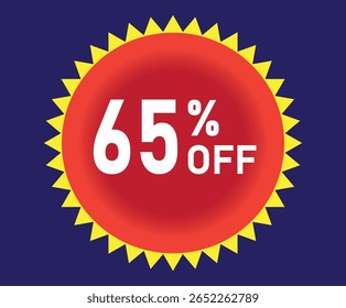 65% de desconto. Desconto em suas vendas. Porcentagem em branco dentro de um círculo vermelho com elementos gráficos amarelos ao redor. Fundo azul.