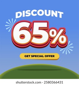 65% Discount Promotional Banner with 3D Text, Fireworks, Blue Gradient Background, and a Special Offer Button on a Green Hill with Eye catching Sale Advertisement Design