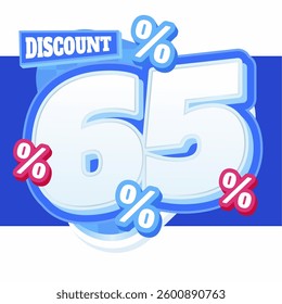 65% Discount Promotional Banner with Bold 3D White and Blue Numbers, Percentage Symbols, and Text on a Modern Background